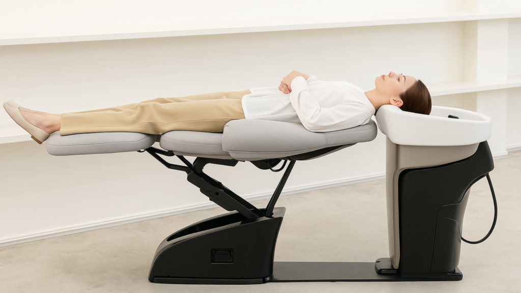 首や腰への負担が少ない、フルフラットシャンプー台「YUME」