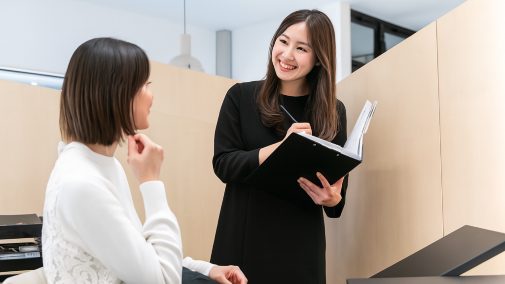 初回30分の丁寧なカウンセリングで、お客様の髪のお悩みや理想のスタイルを真剣に伺う美容室faceのスタッフ。