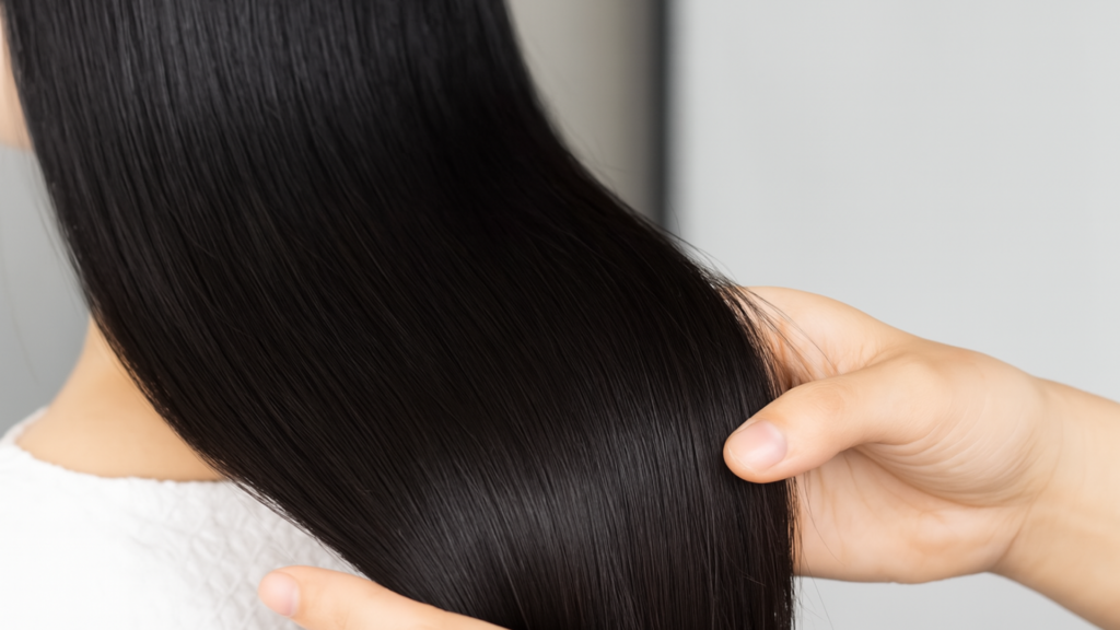 美容室faceの完全コースメニュー（髪質改善・ケア）によって、ツヤツヤで健康的な状態に仕上がったお客様の美しい髪。